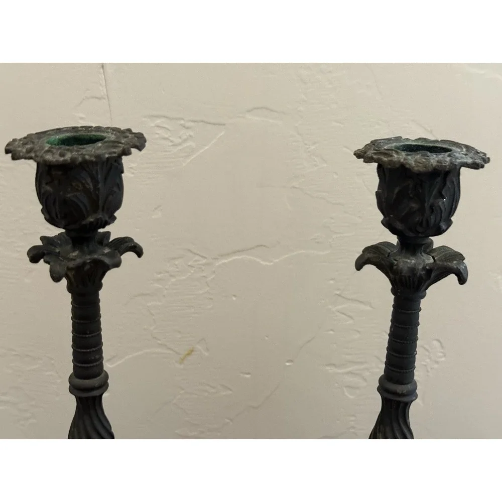 Antique Pair of Brass Baroque Rococo Revival Ornate Candlestick Holders 9